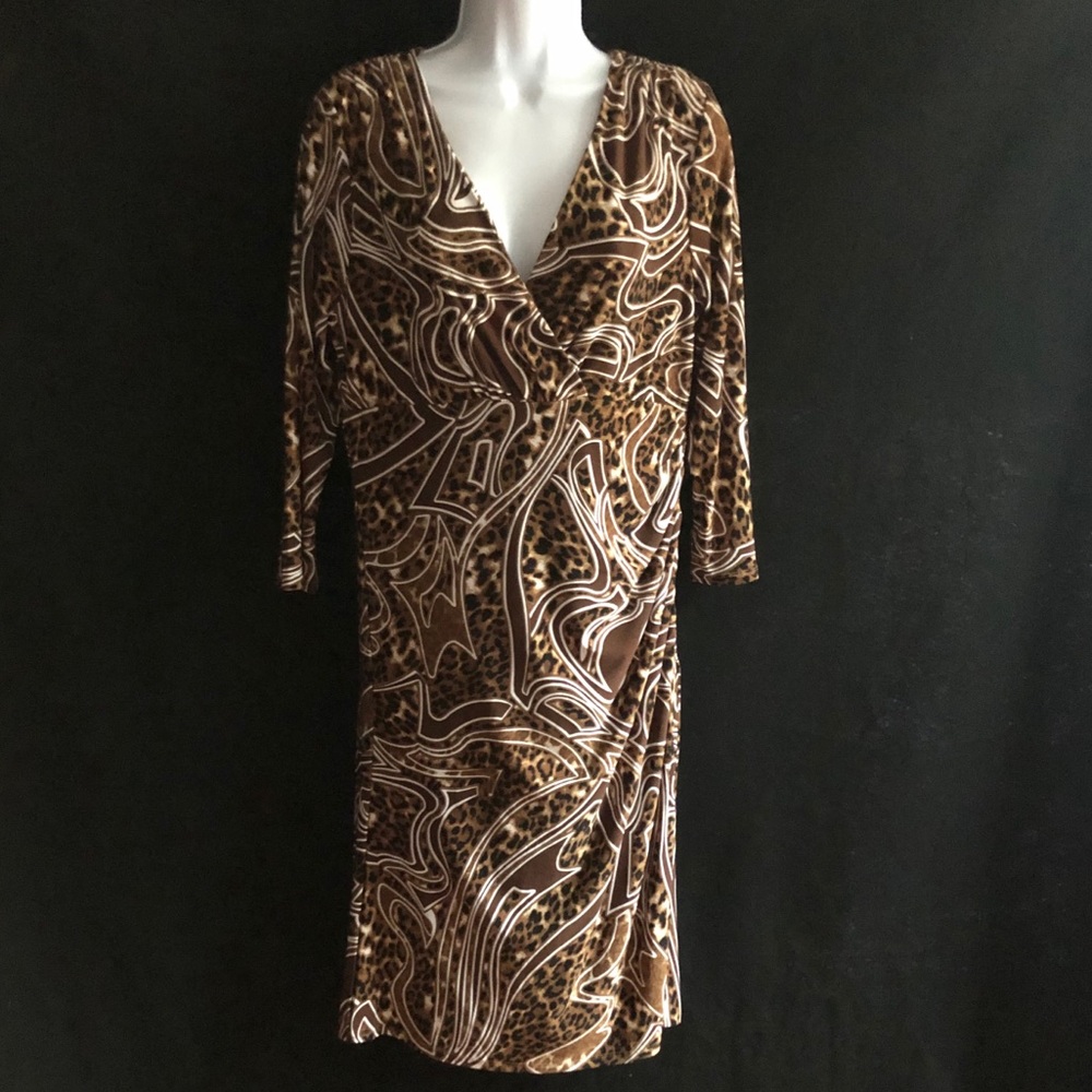 Carmen Carmen Marc Valvo Brown Animal Print Swirl Wrap Midi Dress Size Large